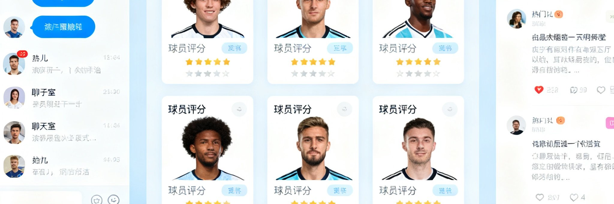 社区板块概览：左侧聊天室滚动，中间球员评分卡片，右侧热门帖子列表。